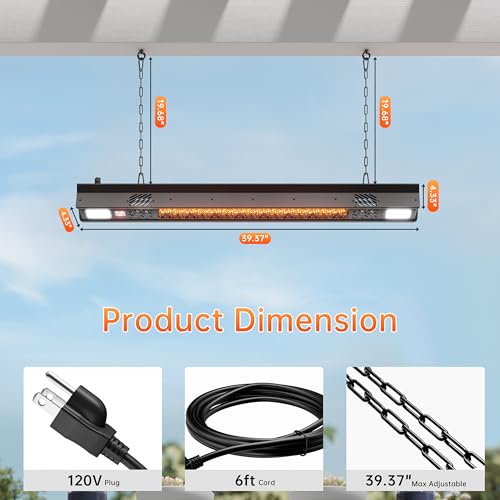 Wall-Mounted Electric Heater Hanging Patio with Light Ceiling Outdoor, 1500W Infrared 9 Heat Levels, 24H Timers, 1s Heating Carbon Fiber Tube Wall Heater for Backyard, Garage