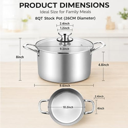 TeamFar 8 Quart Stock Pot, Stainless Steel Tri-ply Stockpot Pasta Cooking Pot with Glass Lid, for Induction Electric Gas Ceramic Stoves, Toxic Free & Heavy Duty, Double Handles & Dishwasher Safe