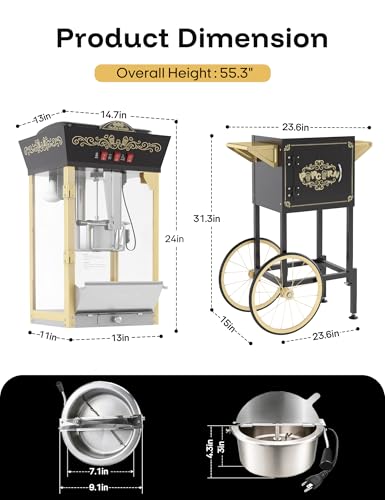 PopBria Popcorn Machine with Cart, 12oz Retro Popcorn Maker with Warming Deck, Movie Theater Style Popcorn Machine for Home Theater, Parties and Large Batches, Black and Gold
