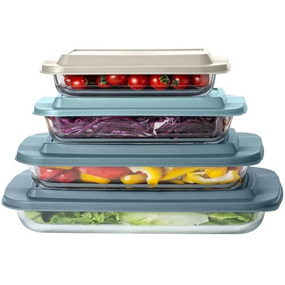 COOK WITH COLOR 8-Piece Deep Glass Baking Dish Set with Plastic Lids – Casserole and Food Storage Containers for Lasagna, Leftovers – Freezer-to-Oven, Microwave & Dishwasher Safe, Blue