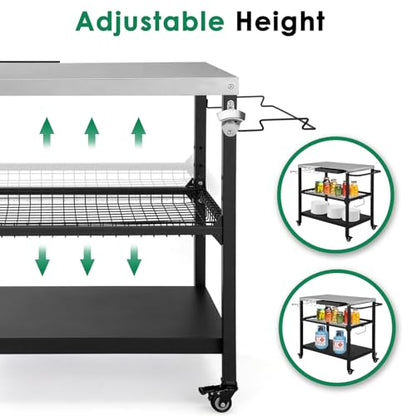 Tyfnry Outdoor Grill Cart,36 Inch Stainless Steel Pizza Oven Table with Lockable Wheels, Hooks & Adjustable Mesh, Metal Kitchen Cart Island, Black(36.2'' D x 19.6''W x 31.4''H)