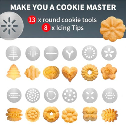 Cookies Press Gun,Stainless Steel Spritz Cookie Press with 13 Cookie Presss Discs and 8 Icing Tips,Durable Butter Cookies Shooter for DIY Biscuits(silver)