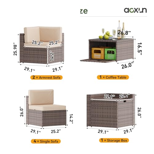 Aoxun 8 Piece Patio Furniture Set, Wicker Outdoor Furniture with Large Storage Table, Patio Conversation Sets with Waterproof Cover, Outdoor Sectional Sofas for Backyard Garden(Brown/Khaki)