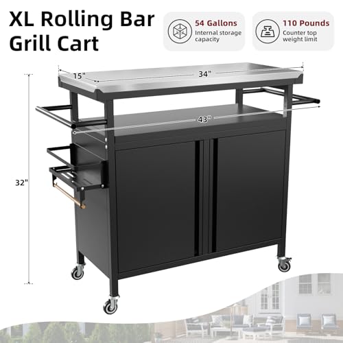 Nessxa Outdoor Grill Cart Bar Cart with Storage Cabinet for Grilling Accessories, XL Portable Outdoor Grill Table with Stainless Steel Top for Kitchen Prep, Lawn & Garden（Black）