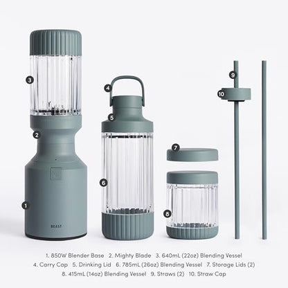 Beast Mighty 850 Plus | Premium Compact Personal Blender | Smoothies, Shakes, Dressings, Sauces | Blends Ice and Frozen Fruit | New XL Vessel | Extra Vessels, Lids and Straws | 850W (Mist)