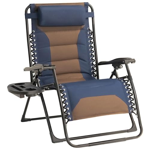 Foristrail Zero Gravity Chair Oversized Padded Recliner with Adjustable Headrest & Cup Holder - 600D Oxford Folding Lounge Chair for Outdoor Camping, Patio, Poolside (Brown & Blue)