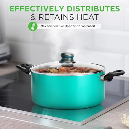 NutriChef 15-Piece Colorful Pots and Pans Set - Heat Resistant Lacquer Cookware Set with Saucepot, Frying Pans, Oven Pot, Lids, Utensil set - All Cooktop Compatible Including Induction
