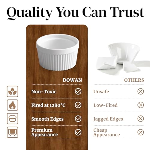 DOWAN Ramekins 6 oz Oven Safe for Creme Brulee Souffle, Porcelain Ramekin for Baking, Classic Style Small Bowls Souffle Dishes Custard Cups for Dipping Sauce, Set of 6, Soft White