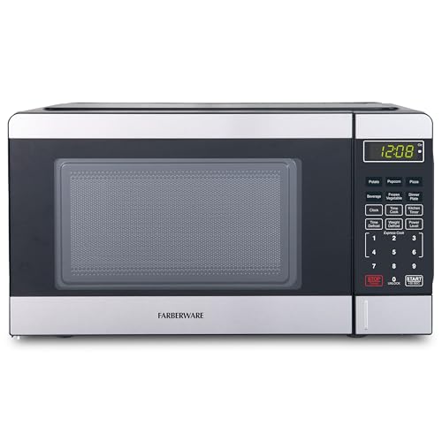 Farberware 0.7 Cu. Ft. Countertop Microwave Oven – 700 Watts Power, Auto Cook Settings, Defrost, Easy Clean and Child Safety Lock - Stainless and Black