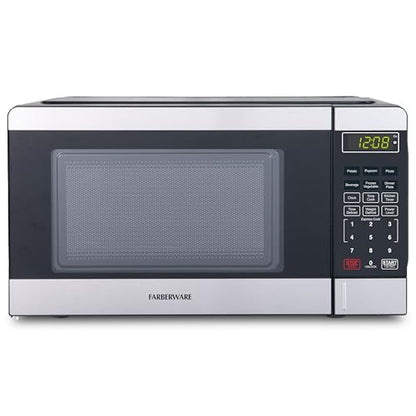 Farberware 0.7 Cu. Ft. Countertop Microwave Oven – 700 Watts Power, Auto Cook Settings, Defrost, Easy Clean and Child Safety Lock - Stainless and Black