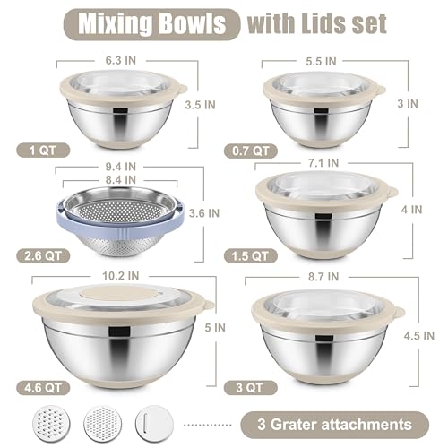E-far Mixing Bowls with Lids Set, 15PCS Stainless Steel Mixing Nesting Bowl with Colander & 3 Metal Grater for Kitchen Prep/Baking/Storage, Non-Slip Bottom & Airtight Lid, 4.6, 3, 1.5, 1, 0.7QT, Khaki