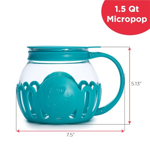Ecolution Patented Micro-Pop Microwave Popcorn Popper with Temperature Safe Glass, 3-in-1 Lid Measures Kernels and Melts Butter, Made Without BPA, Dishwasher Safe, 1.5-Quart, Teal