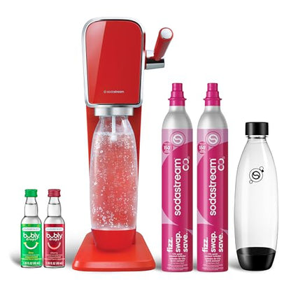 SodaStream - ART Sparkling Water Maker | VALUE BUNDLE | CQC CO2 system | Includes 2x CO2 Cylinders, 2x 32 Fl Oz Dishwasher Safe Bottles, 2x Bubly Flavor Drops | Combine with Flavors | Mandarin Red