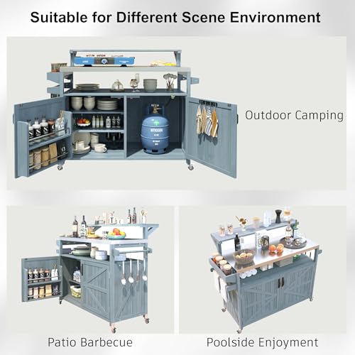Karzibo 53.4" Farmhouse Outdoor Kitchen Island, Solid Wood Rolling Grill Cart with Stainless Steel Top, Raised Shelf, Internal Storage Rack, Adjustable Shelf & Spice Rack (Grey Blue)