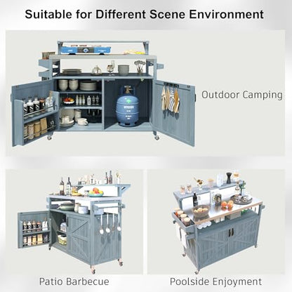 Karzibo 53.4" Farmhouse Outdoor Kitchen Island, Solid Wood Rolling Grill Cart with Stainless Steel Top, Raised Shelf, Internal Storage Rack, Adjustable Shelf & Spice Rack (Grey Blue)