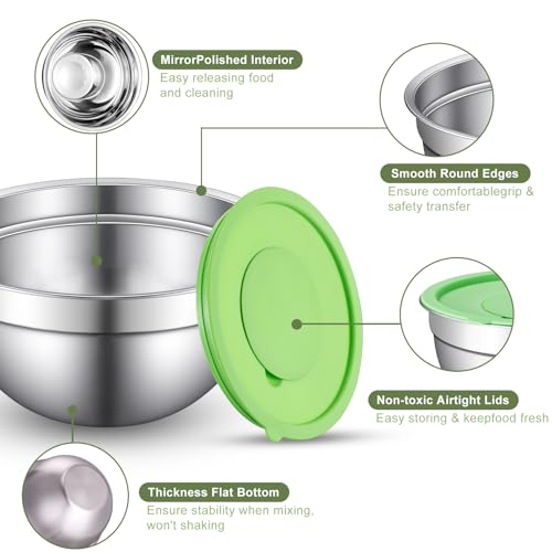 Xyingshine Stainless Steel Mixing Bowls with Lids Set, 6 Nesting Kitchen Bowls 0.7-4 QT, Metal Mixing Bowls with 3 Grater Attachments, Dishwasher Safe for Prep, Mixing, Serving & Storage