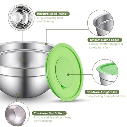 Xyingshine Stainless Steel Mixing Bowls with Lids Set, 6 Nesting Kitchen Bowls 0.7-4 QT, Metal Mixing Bowls with 3 Grater Attachments, Dishwasher Safe for Prep, Mixing, Serving & Storage