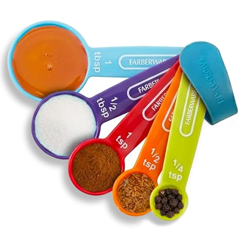 Farberware Set of 5 Measuring Spoons, Perfect for Measuring Both Wet and Dry Indgredients, Includes Detachable Ring for Optimal Storage and Organization, Dishwasher Safe, Assorted