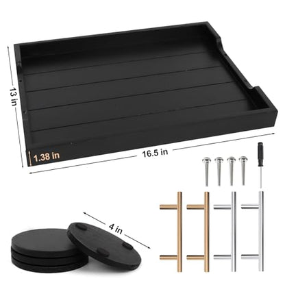 SXNOWS Coffee Table Trays - Large Ottoman Tray for Living Room -Wood Serving Tray with 2 Sets of Handles - Wooden Tray for Coffee Table, 4 Round Coasters Included, Black