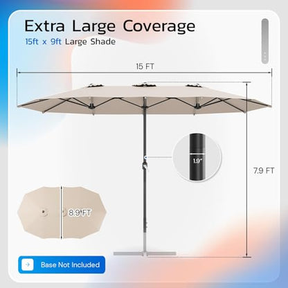 AECOJOY 15x9ft Large Patio Umbrella, Double-Sided Umbrella Outdoor Patio, Rectangle Market Table 177''x104'' Umbrellas with Crank Air Vents for Deck Pool Patio (1.9" Pole, Tan)
