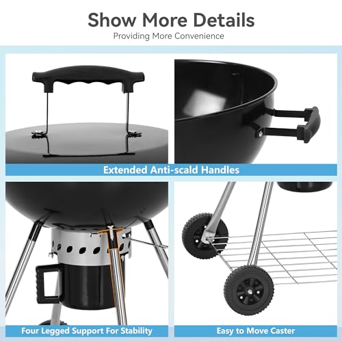 22 inch Kettle Charcoal BBQ Grill with Wheels for Outdoor Cooking