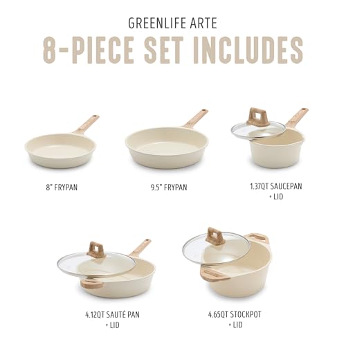 GreenLife 8 Piece Ceramic Nonstick Cookware Set, Induction Suitable Non Toxic PFAS-Free Pots & Pans, Dishwasher Safe, Cooking Set, Stock Pot, Saucepans & Frying Pans, Kitchen Cooking, Granite Cream