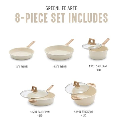 GreenLife 8 Piece Ceramic Nonstick Cookware Set, Induction Suitable Non Toxic PFAS-Free Pots & Pans, Dishwasher Safe, Cooking Set, Stock Pot, Saucepans & Frying Pans, Kitchen Cooking, Granite Cream