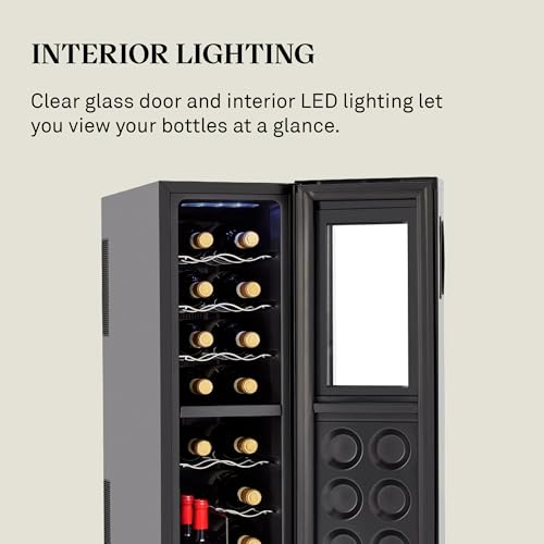 Wine Enthusiast 18-Bottle Slimline Dual Zone Wine Cooler - Energy Efficient Freestanding Wine Refrigerator - Upright Bottle Storage, Adjustable Thermostat, Digital Touchscreen (20.5” x 10.7" x 36.8”)