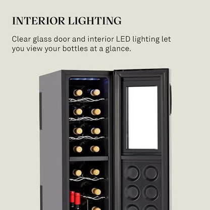 Wine Enthusiast 18-Bottle Slimline Dual Zone Wine Cooler - Energy Efficient Freestanding Wine Refrigerator - Upright Bottle Storage, Adjustable Thermostat, Digital Touchscreen (20.5” x 10.7" x 36.8”)