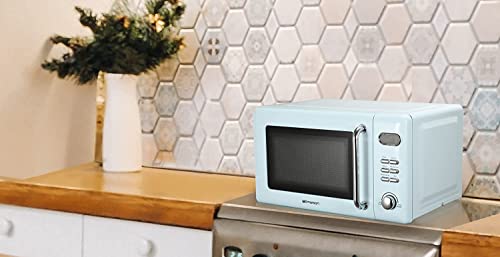 Emerson MWR7020BL Retro Compact Countertop Microwave Oven with Button Control, LED Display, 700W 5 Power Levels, 8 Auto Menus, Glass Turntable and Child Safe Lock, 0.7, Thunderbird Blue