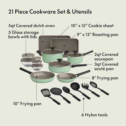bella 21 Piece Kitchen Set with EverGood™ Ceramic Nonstick Coating, Dishwasher & Oven Safe, All Stovetops Compatible, Tempered Glass Lids & Cool Touch Handles, Seaglass