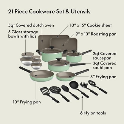 bella 21 Piece Kitchen Set with EverGood™ Ceramic Nonstick Coating, Dishwasher & Oven Safe, All Stovetops Compatible, Tempered Glass Lids & Cool Touch Handles, Seaglass