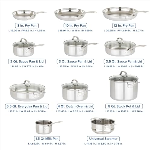 Viking 3-Ply Pots and Pans Set, 17 Piece Stainless Steel Cookware Glass Lids, Steamer Insert, Silver