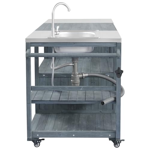 RUNNA 75.4" Outdoor Kitchen Island with Sink, Solid Wood Outdoor Grill Cart for Big Green Egg Grills, Rolling Outdoor Bar Cart with Stainless Steel Top, for Pizza Prep & BBQ,Brown (Grey+Blue#22)