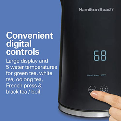 Hamilton Beach Digital Temperature Control Electric Tea Kettle, Hot Water Boiler & Heater 1.7L, 5 Preset Modes + Keep Warm, Fast Boil 1500 Watts, BPA Free, Cool-Touch Exterior, Black (41033)