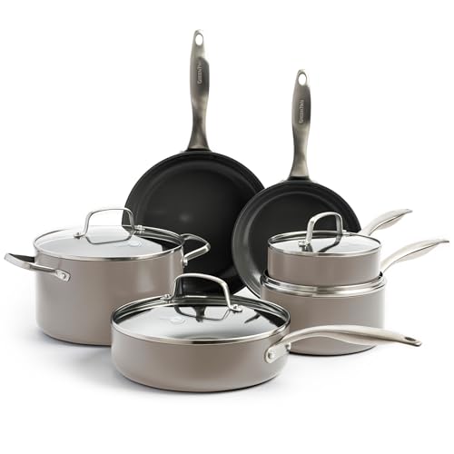 GreenPan Canterbury 10 Piece Cookware Pot and Pans Set, Hard Anodized PFAS-Free Healthy Ceramic Nonstick, Stainless Steel Handles, Versatile Cooking Essentials, Dishwasher & Oven Safe, Clay