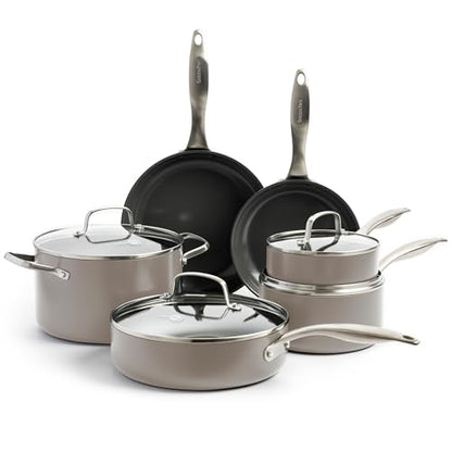 GreenPan Canterbury 10 Piece Cookware Pot and Pans Set, Hard Anodized PFAS-Free Healthy Ceramic Nonstick, Stainless Steel Handles, Versatile Cooking Essentials, Dishwasher & Oven Safe, Clay