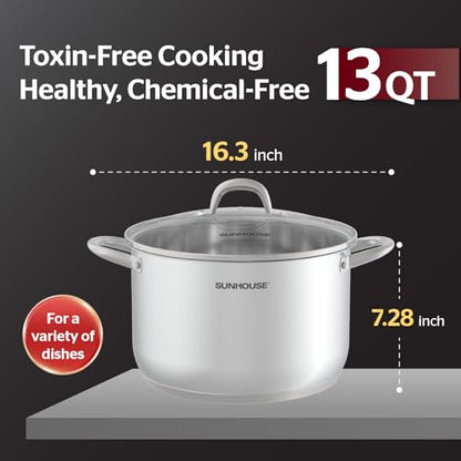 Sunhouse Stock Pot with Lid - 13 QT Large Pot for Cooking Pasta, Soup, Spaghetti - Impact Bonding Base Big Stainless Steel Pots for Canning, Boiling - Oven Safe & Induction Compatible Cookware