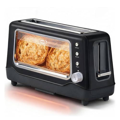 Dash Clear View Toaster | 10" Long Slot 2 Slice Toaster with See-Through Glass Window, 7 Browning Levels, Bagel, Defrost & Reheat Functions, Removable Glass Panel, Crumb Tray, Black