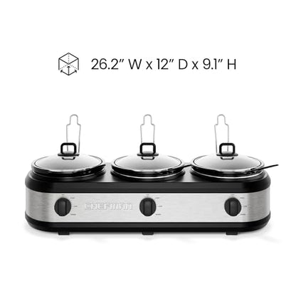 Chefman Triple Slow Cooker & Food Warmer, Three Crock Slowcooker with 2.5 Qt. Ceramic Crocks, 7.5-Quart Total Capacity, PFAS-Free, Three Temperature Settings, Dishwasher-Safe Parts – Stainless Steel