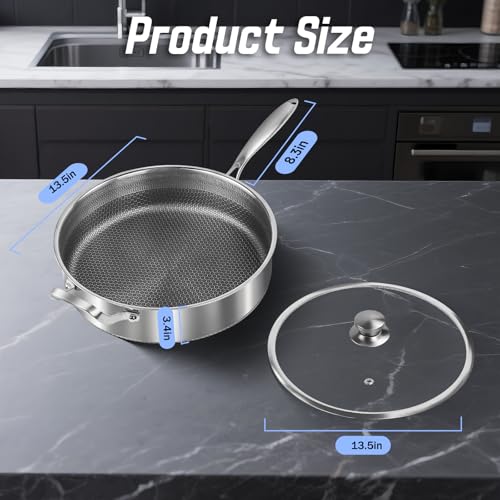 Toutrop Frying Pans Nonstick wih Lid, Non Stick Tri-Ply Stainless Steel Saute Pan, 8 Quarts Large Sauté Pan, 13.5 Inch Induction Cooking Pan, Dishwasher and Oven Safe, PFOA Free