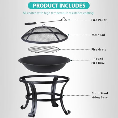 22 Inches Portable Fire Pit Outdoor Wood Burning Steel Lightweight BBQ Grill Firepit Bowl with Log Grate&Poker for Outside Patio Campfire Bonfire Backyard