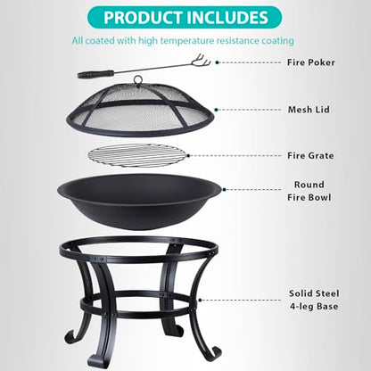 22 Inches Portable Fire Pit Outdoor Wood Burning Steel Lightweight BBQ Grill Firepit Bowl with Log Grate&Poker for Outside Patio Campfire Bonfire Backyard