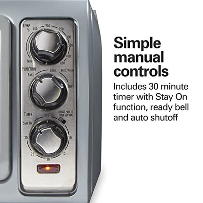 Hamilton Beach 6 Slice Countertop Toaster Oven With Easy Reach Roll-Top Door, Bake, Broil & Toast Functions, Auto Shutoff, Silver (31127D)