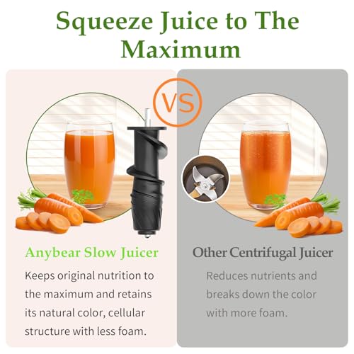 Anybear Masticating Juicer Machines, 3.5" Large Feed Chute Cold Press Juicer Fit Whole Fruits Vegetables with Quiet Motor | 5 Speed Modes | Easy to Clean with Brush | BPA Free (Silver & Black)