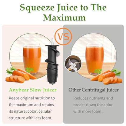 Anybear Masticating Juicer Machines, 3.5" Large Feed Chute Cold Press Juicer Fit Whole Fruits Vegetables with Quiet Motor | 5 Speed Modes | Easy to Clean with Brush | BPA Free (Silver & Black)