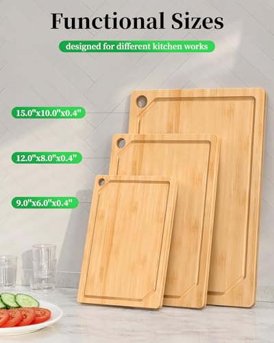 Kitchen Cutting Board Set - 3-Piece Wooden Cutting Boards for Kitchen with Juice Groove, Handles, Hang Holes, Stylish Kitchen Essentials for Chpping & Serving, Natural, 0.4"Th - (L+M+S)