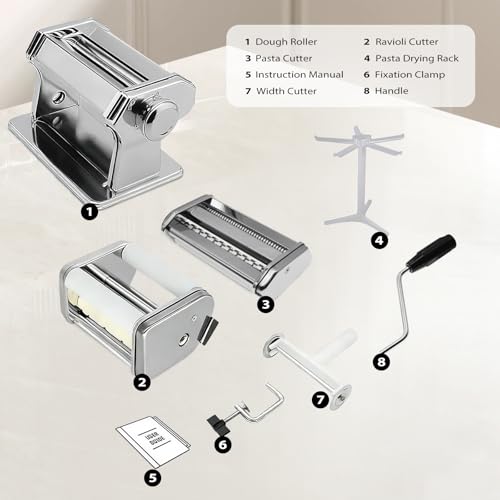 MZTOGR Pasta Maker Machine with 9 Adjustable Thickness Settings, 2 in 1 Noodle Maker Includes Pasta Cutter, Ravioli Maker Attachment & Pasta Drying Rack