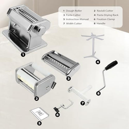 MZTOGR Pasta Maker Machine with 9 Adjustable Thickness Settings, 2 in 1 Noodle Maker Includes Pasta Cutter, Ravioli Maker Attachment & Pasta Drying Rack