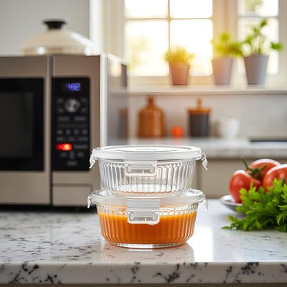 H.JSS WDJS 1.5 cup Round Glass Food Storage Containers with Lids, 12oz Small Glass Meal Prep Containers set, Heat-Resistant BPA-Free Round food bowl for Leftover. Microwave, Dishwasher & Freezer Safe
